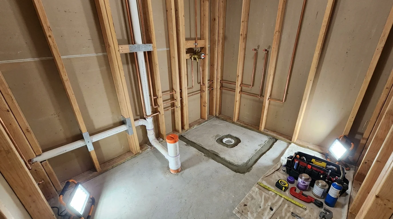 Bathroom rough-in plumbing during remodel by Johns Plumbing LLC in Willacoochee