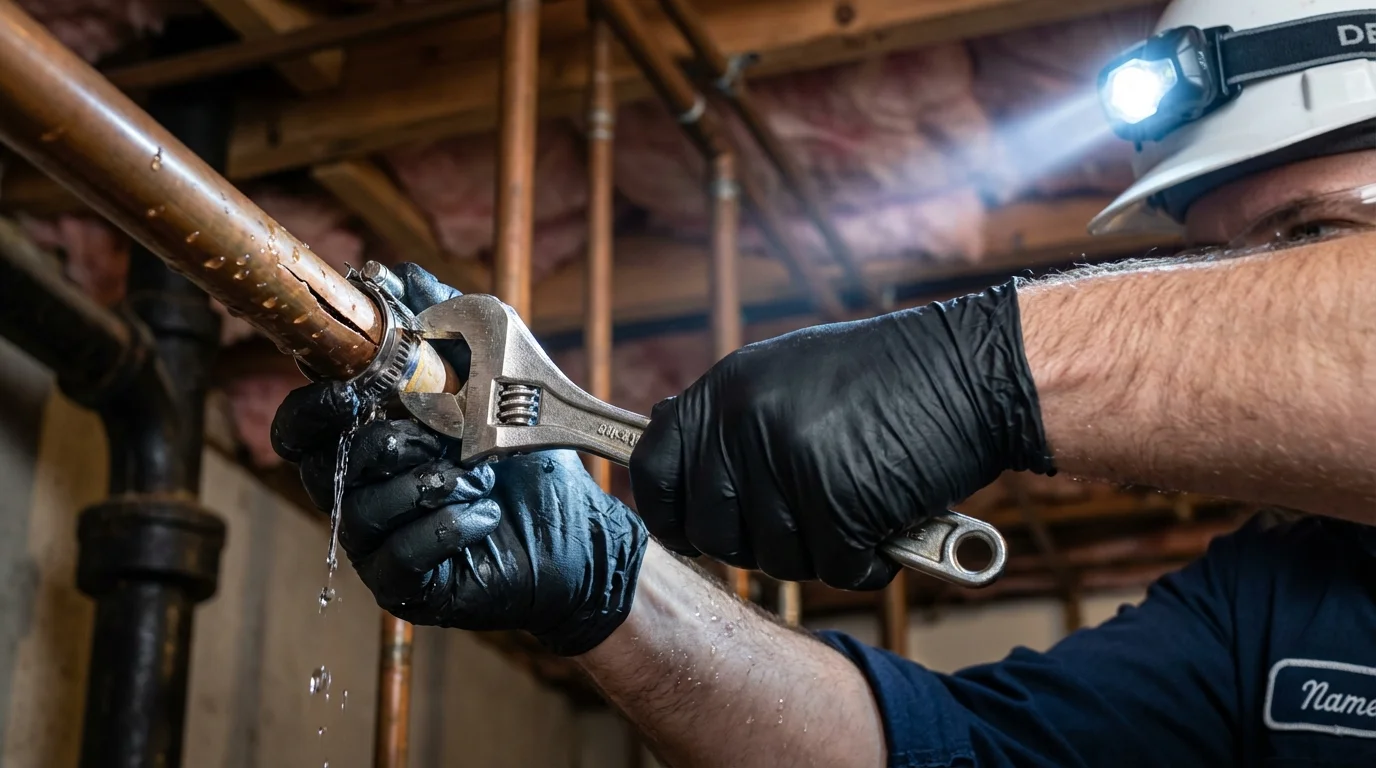Emergency pipe clamp repair being performed by a Johns Plumbing LLC plumber in Willacoochee