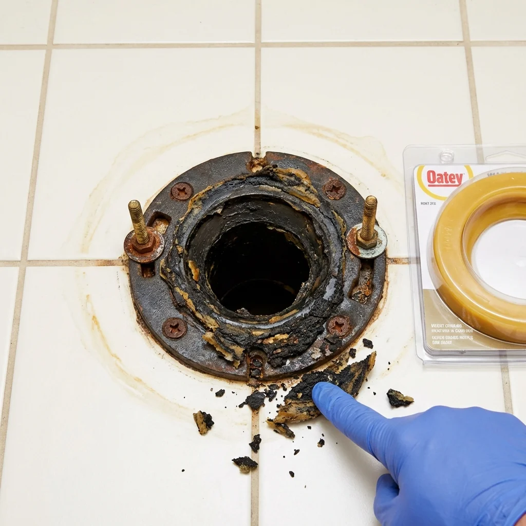 Failed wax ring showing water seepage at the base of a toilet in a Willacoochee, GA home