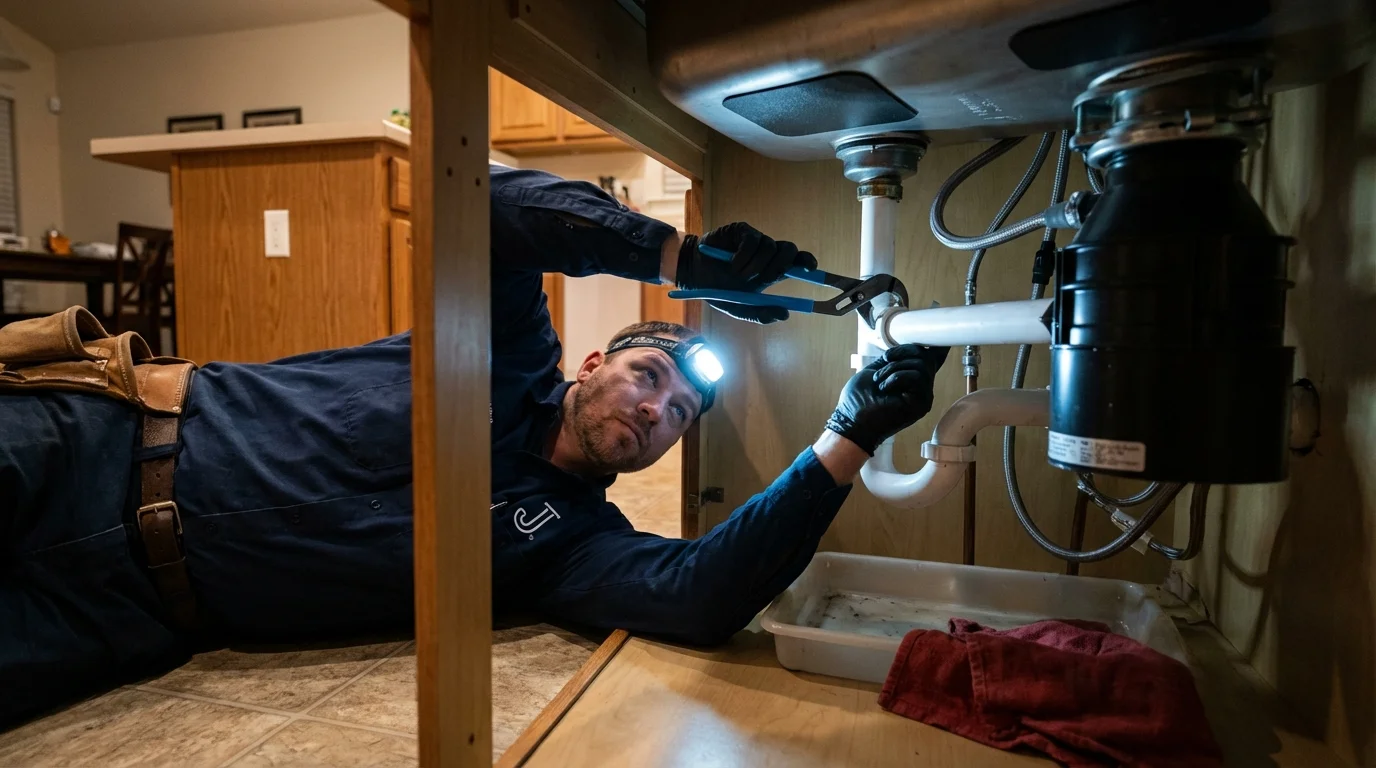 P-trap and supply line connections under a kitchen sink showing a common leak point in Willacoochee, GA